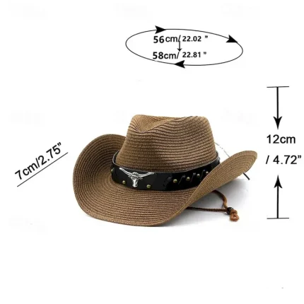 Women's Cowboy Hats Ethnic Style Straw Panama Hat Belt Cow Decorate Western Hats 2025 - Image 5