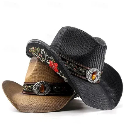 Men's Straw Hat Sun Hat Cowboy Hat Fedora Trilby Hat Black White Polyester Vintage Style Fashion 18th Century State of Texas Daily Theme Party Boho / - Image 3